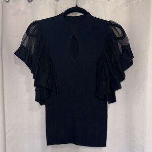 Elegant and Versatile Black Sweater with sheer ruffled sleeves.